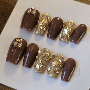 *handmade* brown chocolate gold diamond bling fall halloween party press on nail